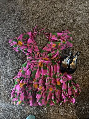 Sugarlips Pink Floral Tiered Ruffle Dress